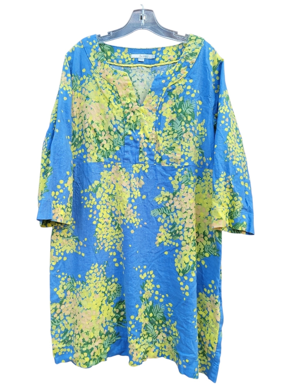 Boden Yellow and Blue Floral Linen 16R Dress Str Sleeve T-neck Festive Summer